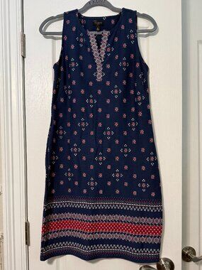 Talbots Petites Navy Geo Border Print Cotton Shift Dress SP